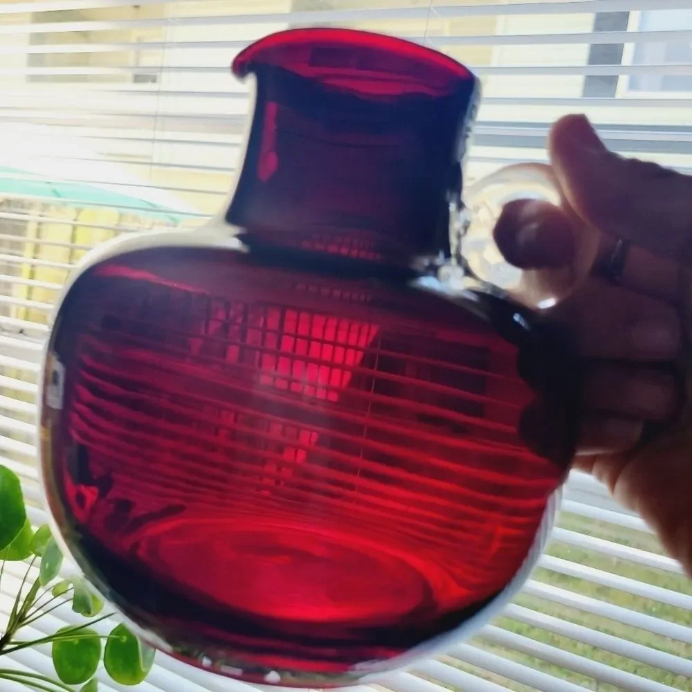 Vtg Dark Cranberry Red Glass vase Jug by Emanuel Beranek 1950s Skrdlovice Vase